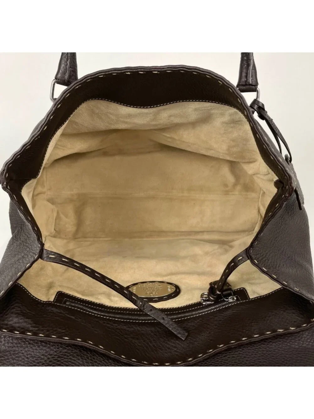 Fendi Selleria Linda Handbag Logo Stitch Leather Brown